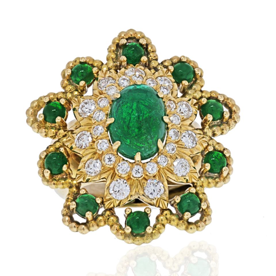 David Webb 18K Yellow Gold Cabochon Emerald Diamond Flower Ring - The Back Vault