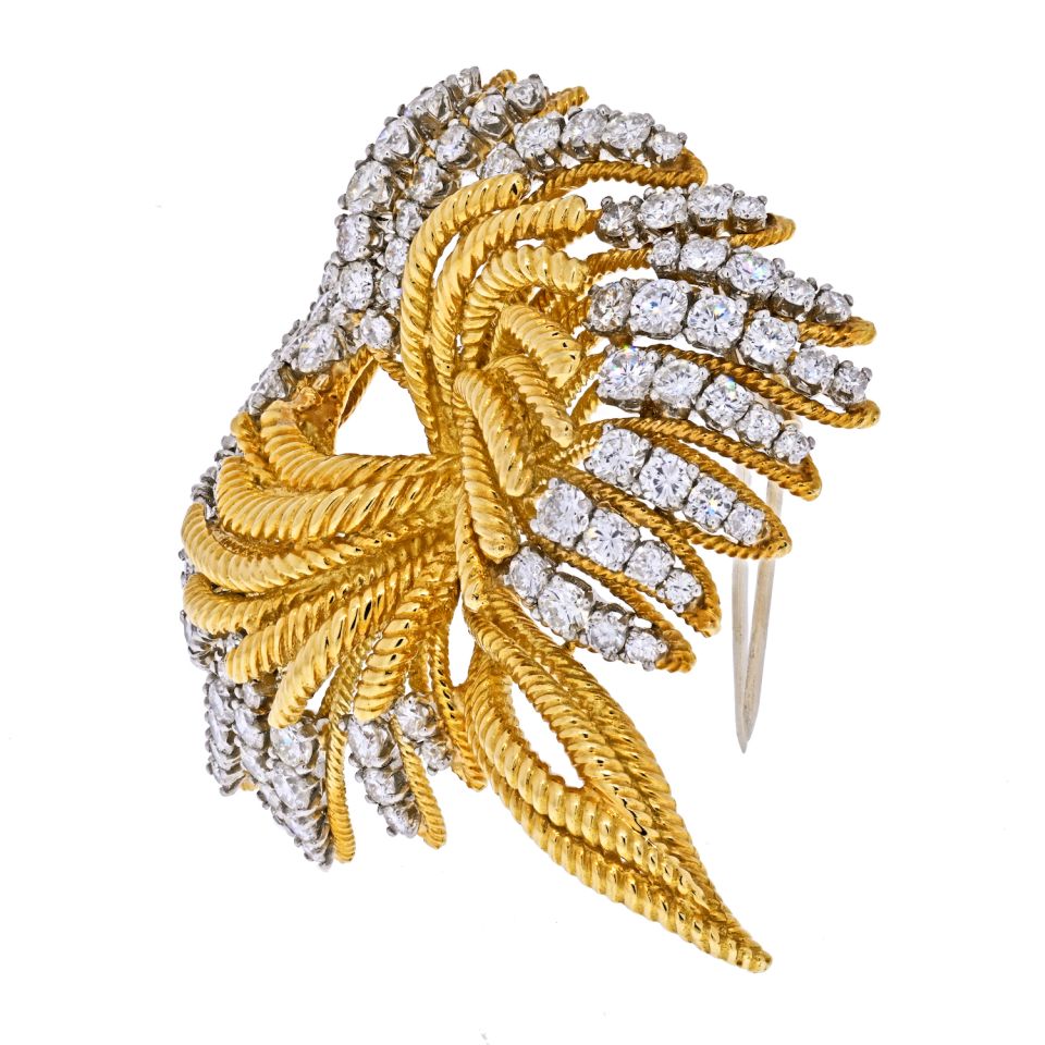 Platinum & 18K Yellow Gold 1960's Spray Of Diamonds 8.50cts Fluted Brooch - The Back Vault