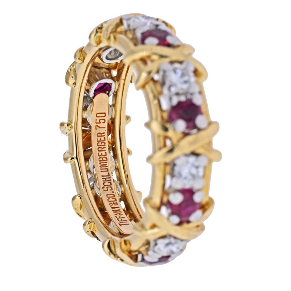 Tiffany & Co. Platinum & 18K Yellow Gold 16 Stone Schlumberger Ruby Diamond Ring - The Back Vault