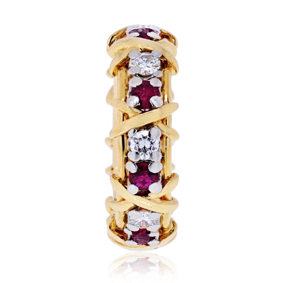 Tiffany & Co. Platinum & 18K Yellow Gold 16 Stone Schlumberger Ruby Diamond Ring - The Back Vault