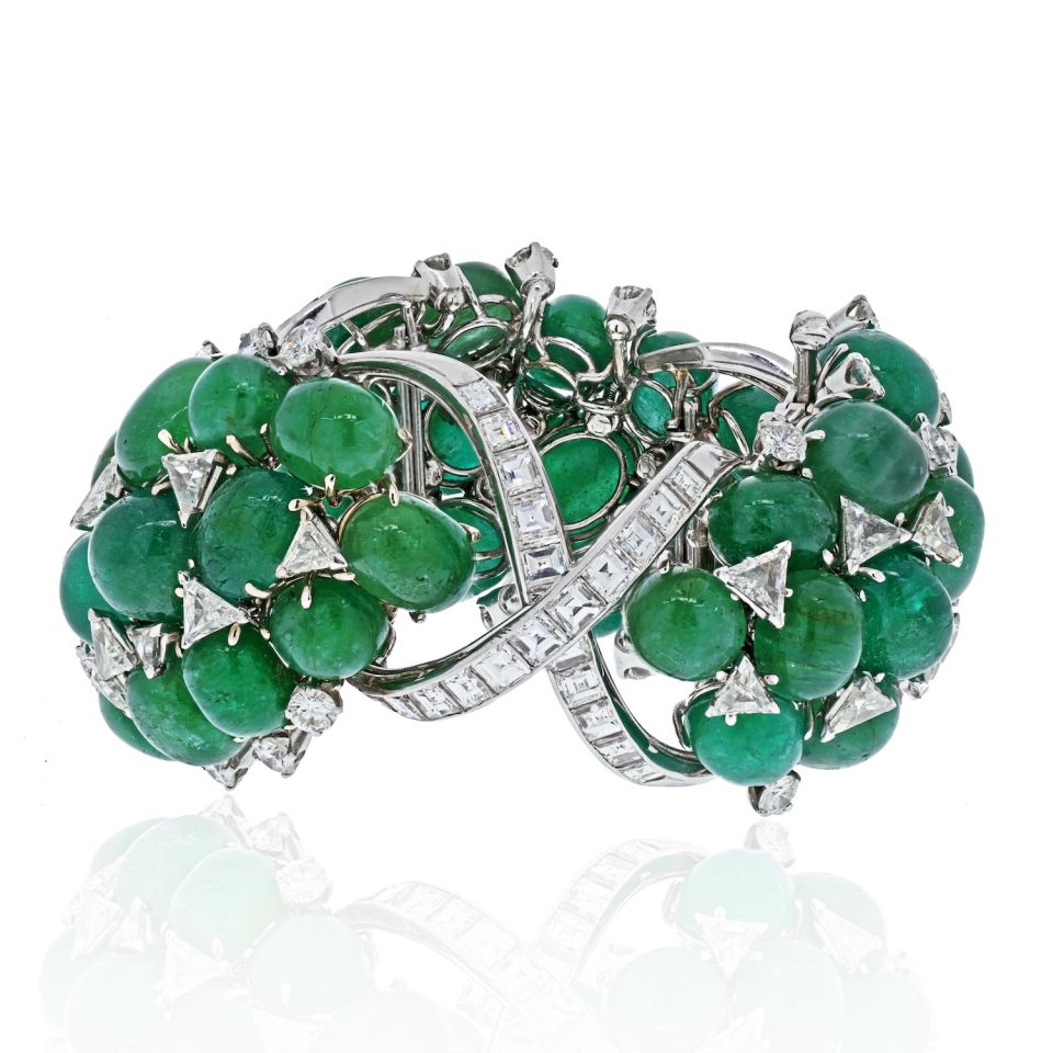 David Webb Platinum Green Emerald And Diamond Flexible Bracelet - The Back Vault