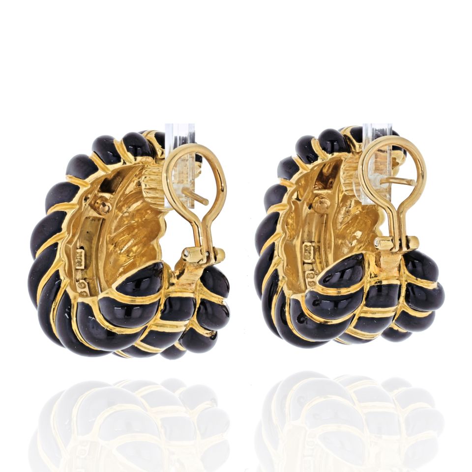 David Webb 18K Yellow Gold Black Enamel Fluted Shrimp Earrings - The Back Vault