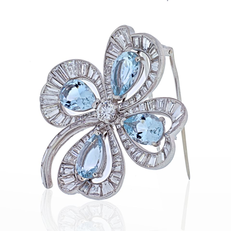 Platinum Four Leaf Clover With Aquamarines And Diamonds Brooch - The Back Vault