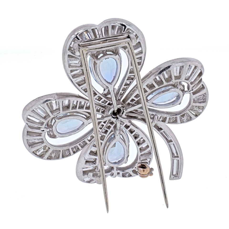 Platinum Four Leaf Clover With Aquamarines And Diamonds Brooch - The Back Vault