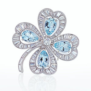 Platinum Four Leaf Clover With Aquamarines And Diamonds Brooch