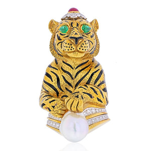 David Webb Platinum &18k Gold Black Striped Tiger with Emerald Ruby Pearl Brooch