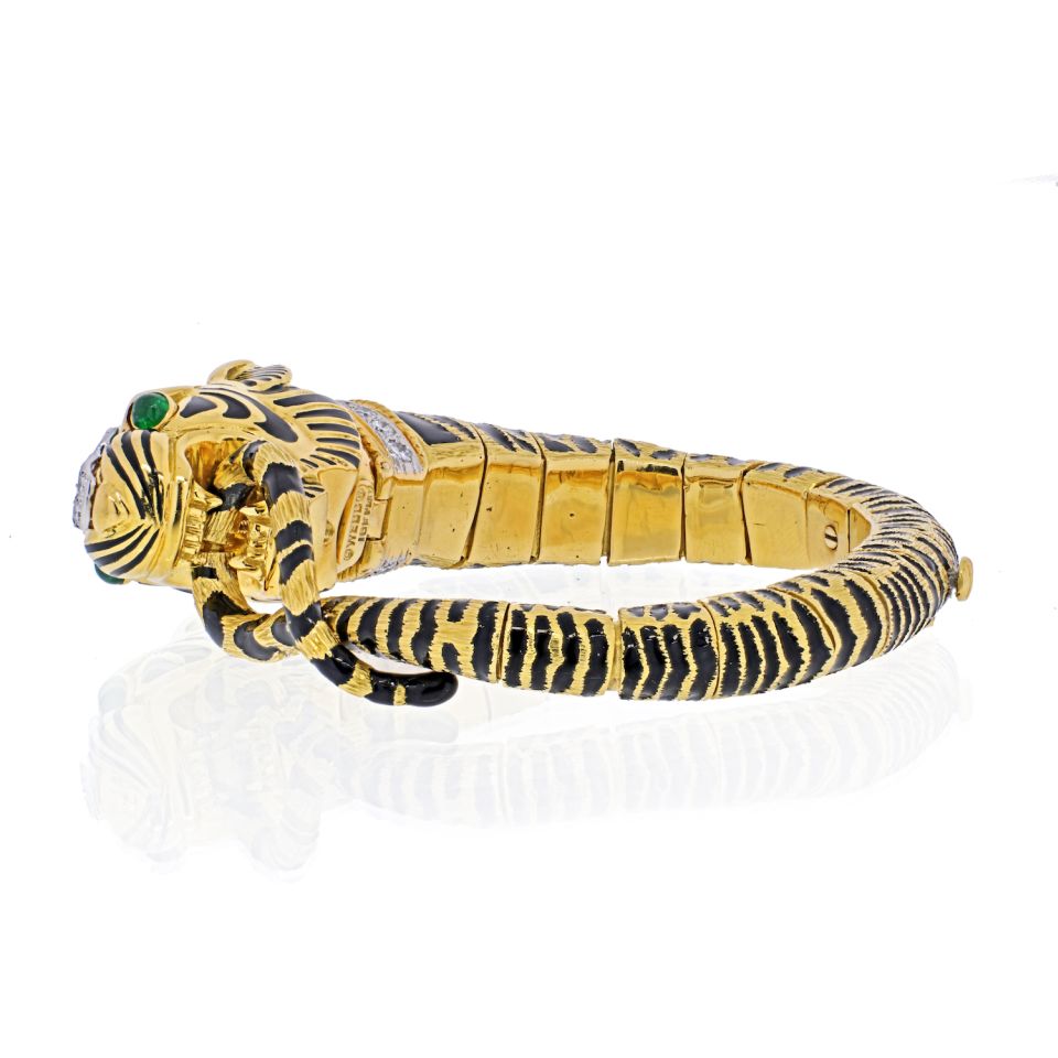 David Webb 18K Yellow Gold Diamond And Black Enamel Tiger Bracelet - The Back Vault