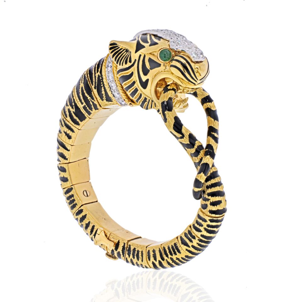 David Webb 18K Yellow Gold Diamond And Black Enamel Tiger Bracelet - The Back Vault