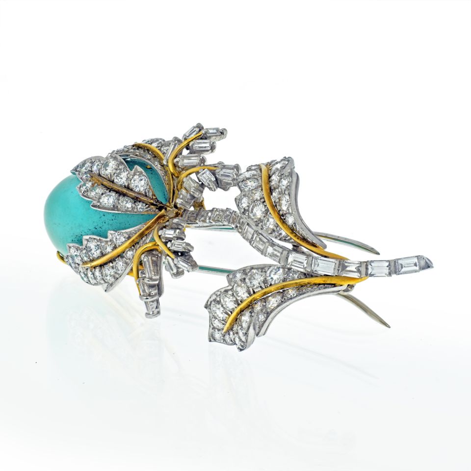 David Webb Platinum & 18K Yellow Gold Genuine Turquoise Diamond Tulip Brooch - The Back Vault