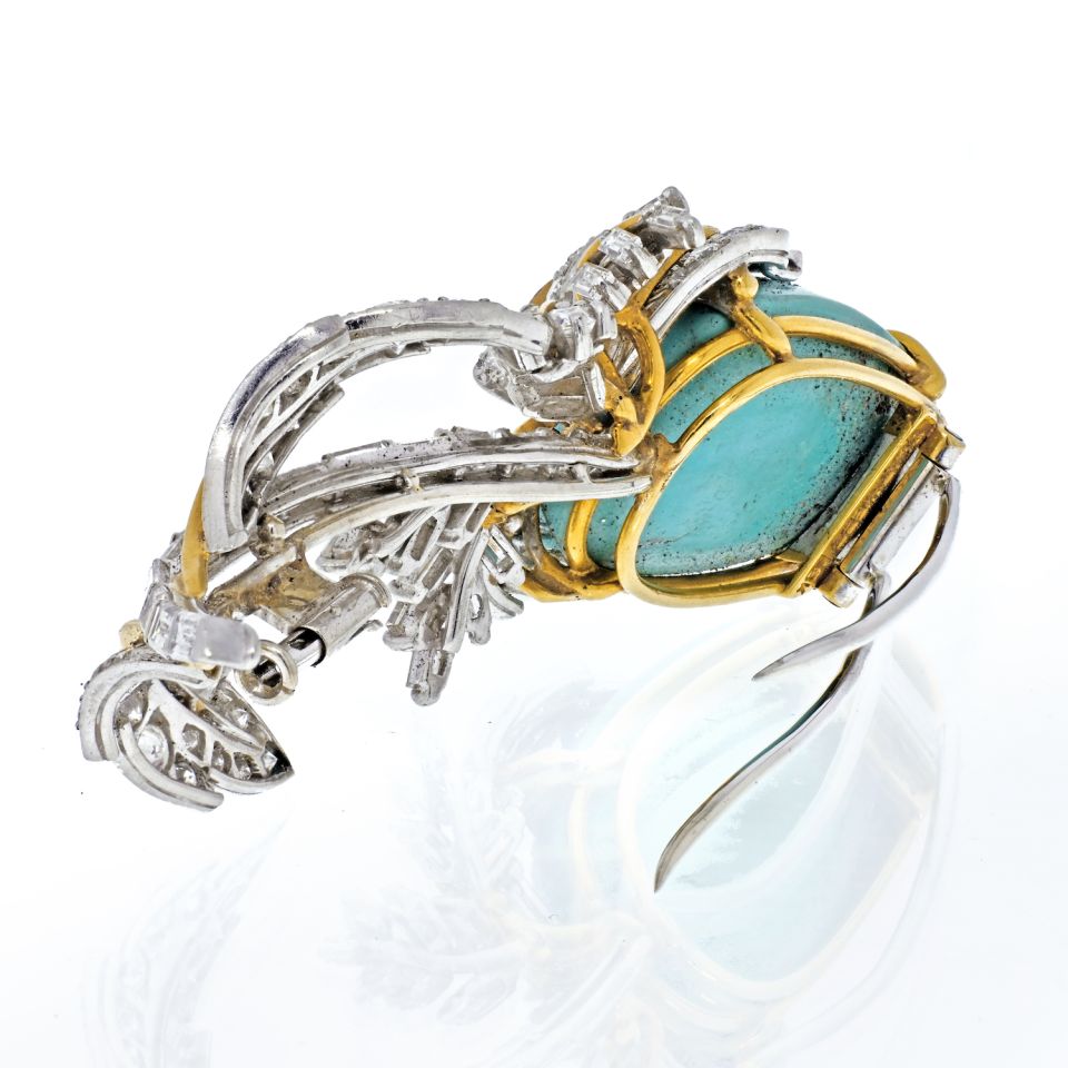 David Webb Platinum & 18K Yellow Gold Genuine Turquoise Diamond Tulip Brooch - The Back Vault