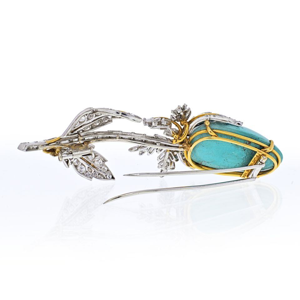 David Webb Platinum & 18K Yellow Gold Genuine Turquoise Diamond Tulip Brooch - The Back Vault