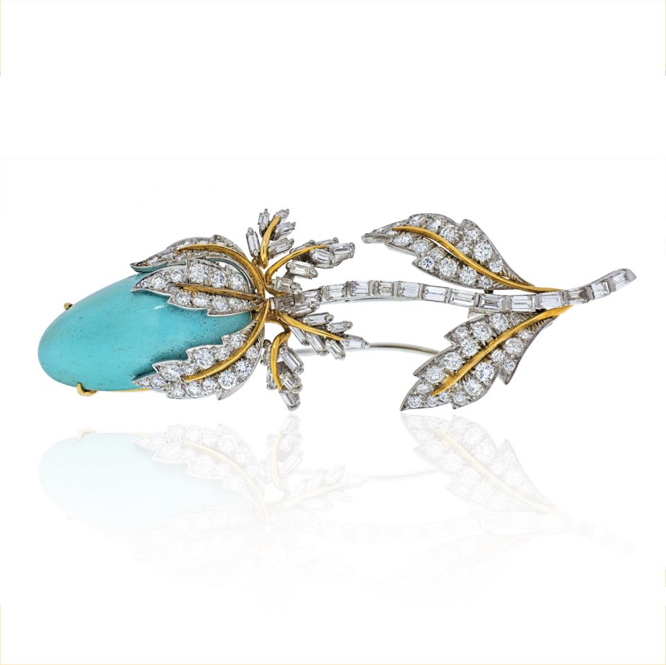 David Webb Platinum & 18K Yellow Gold Genuine Turquoise Diamond Tulip Brooch - The Back Vault