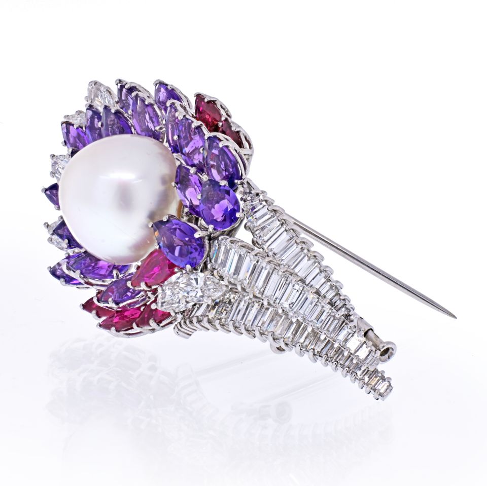 David Webb 18K White Gold Diamond, Amethysts, Ruby And Pearl Brooch - The Back Vault