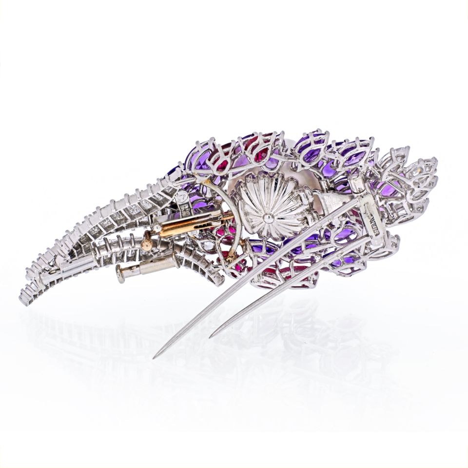 David Webb 18K White Gold Diamond, Amethysts, Ruby And Pearl Brooch - The Back Vault