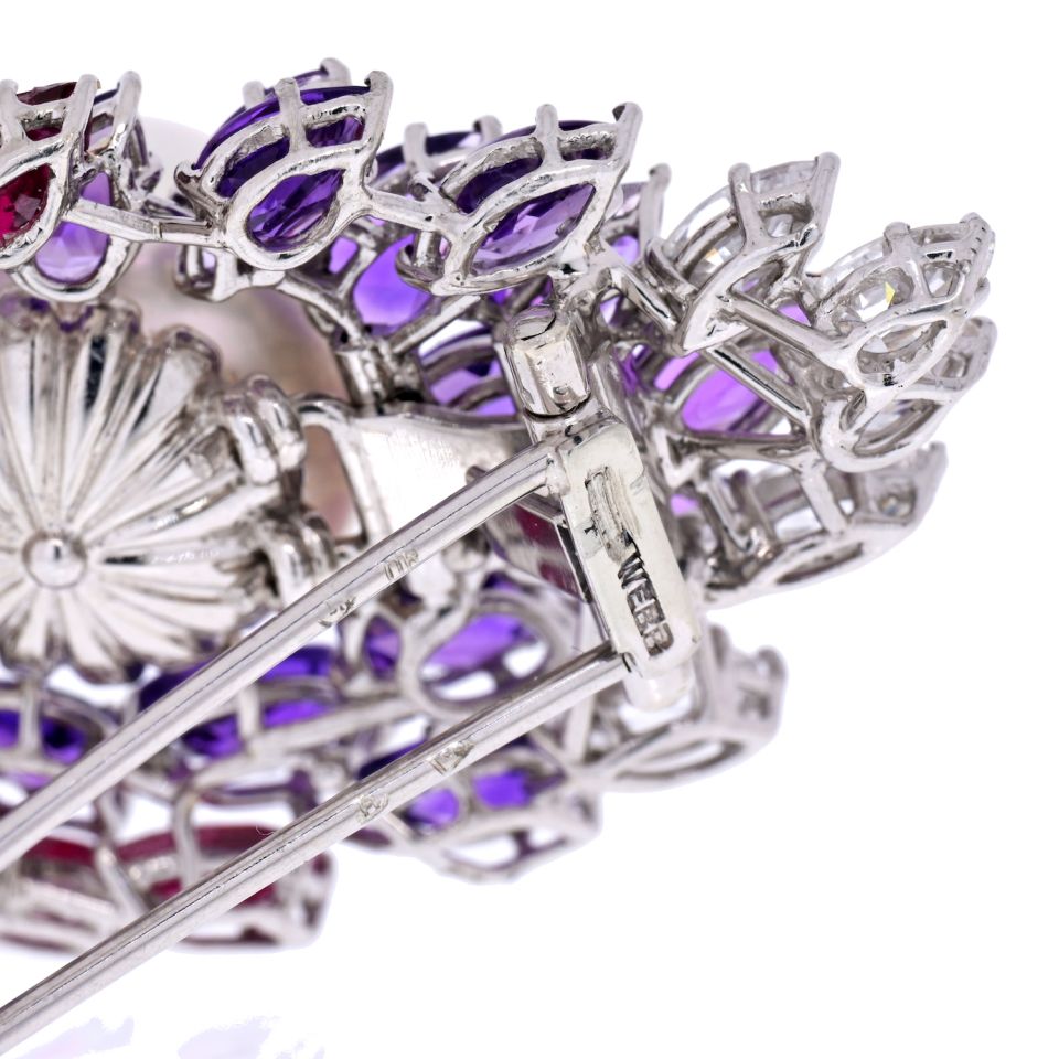 David Webb 18K White Gold Diamond, Amethysts, Ruby And Pearl Brooch - The Back Vault