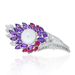 David Webb 18K White Gold Diamond, Amethysts, Ruby And Pearl Brooch