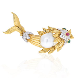 18K Yellow Gold Vintage Diamond And Pearl Koi Fish Brooch