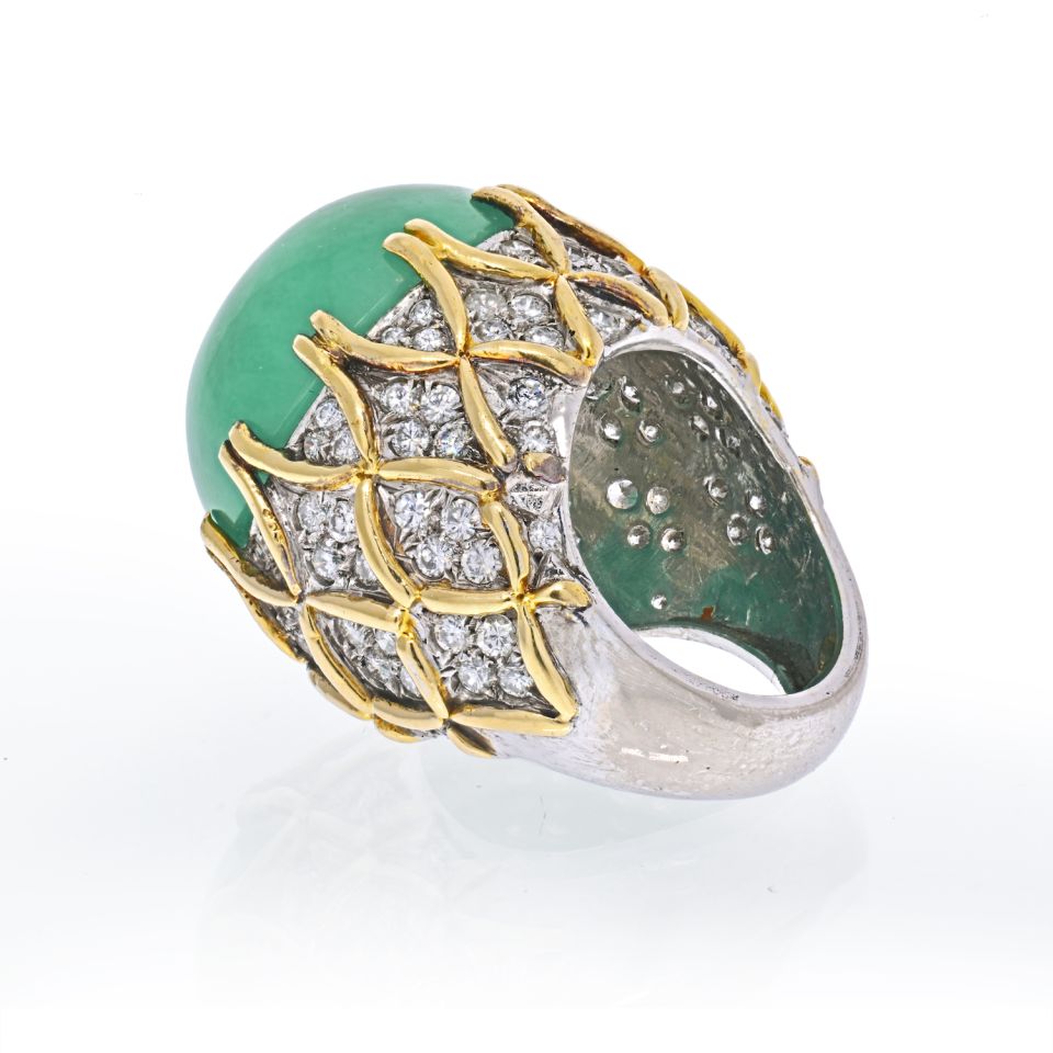 18K Two Tone Cabochon Jadeite And Diamond Ring - The Back Vault