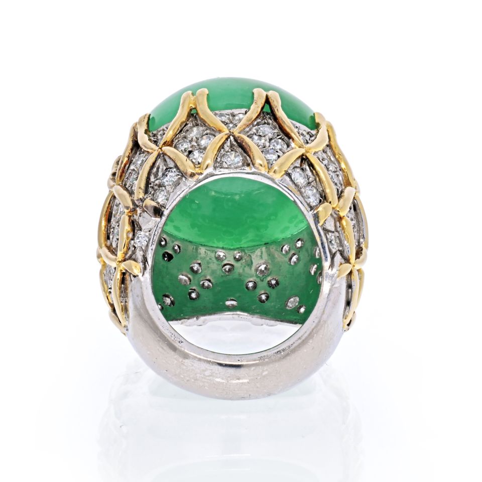 18K Two Tone Cabochon Jadeite And Diamond Ring - The Back Vault