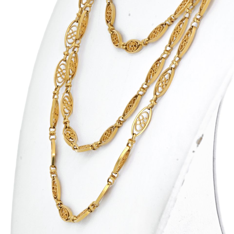 18K Yellow Gold Navette Link Long Chain Necklace - The Back Vault