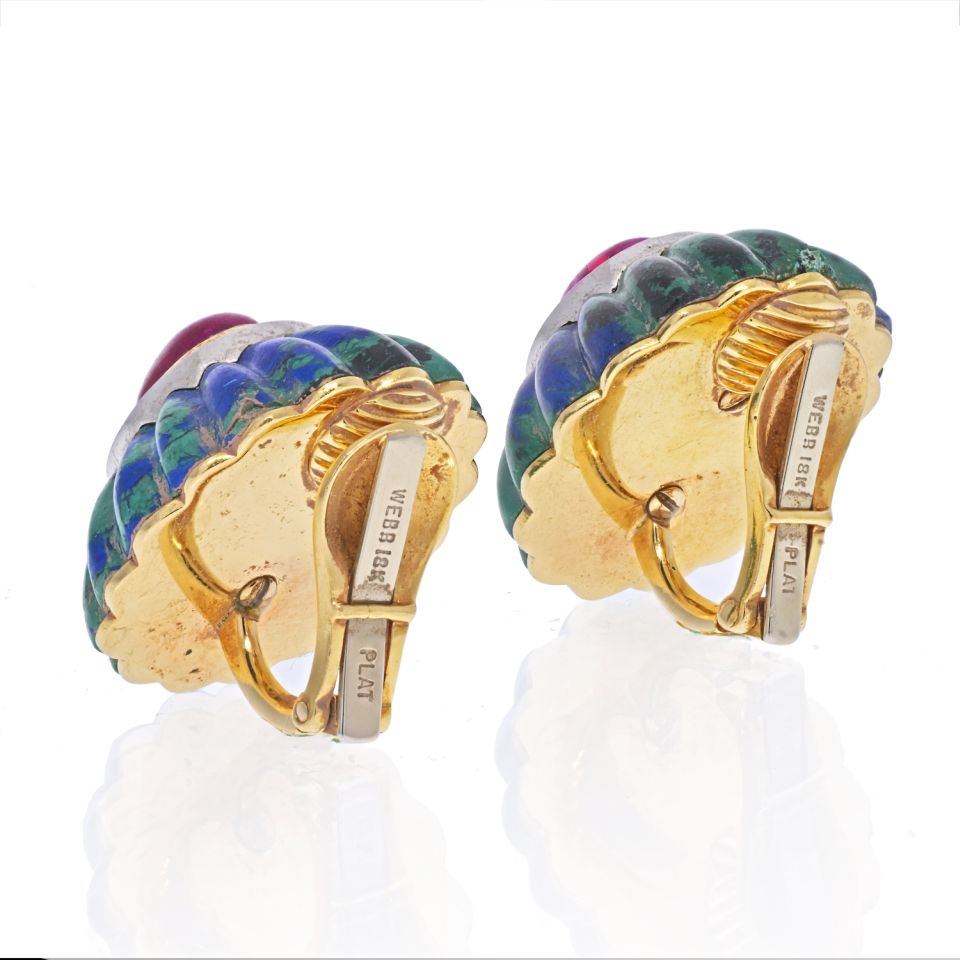 David Webb 18K Yellow Gold Azurite-Malachite, Ruby, Diamond Earrings - The Back Vault