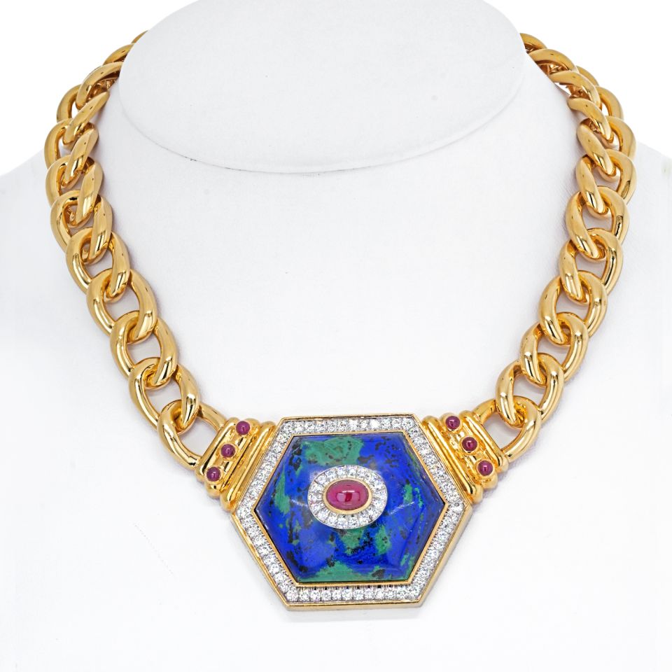 David Webb 18K Yellow Gold Hexagonal-Shaped Azurmalachite Necklace - The Back Vault