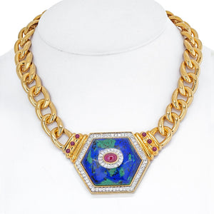 David Webb 18K Yellow Gold Hexagonal-Shaped Azurmalachite Necklace