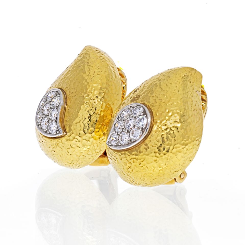 David Webb Platinum & 18K Yellow Gold Hammered Teardrop, Diamond Earrings - The Back Vault