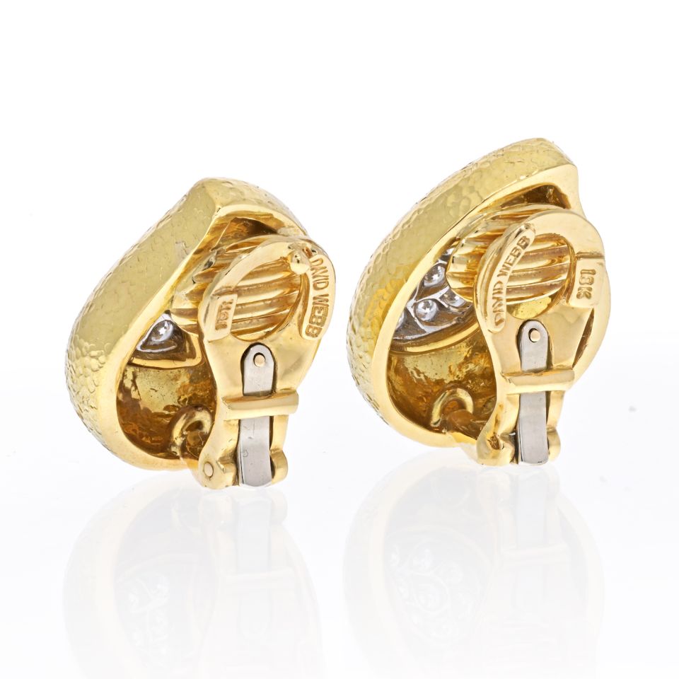 David Webb Platinum & 18K Yellow Gold Hammered Teardrop, Diamond Earrings - The Back Vault