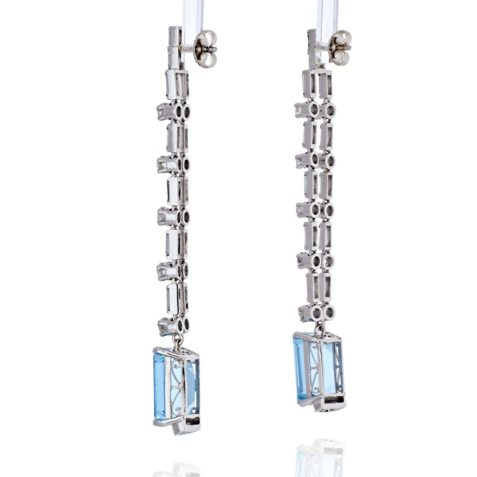 Platinum Diamond And Aquamarine Cascade Dangling Earrings - The Back Vault