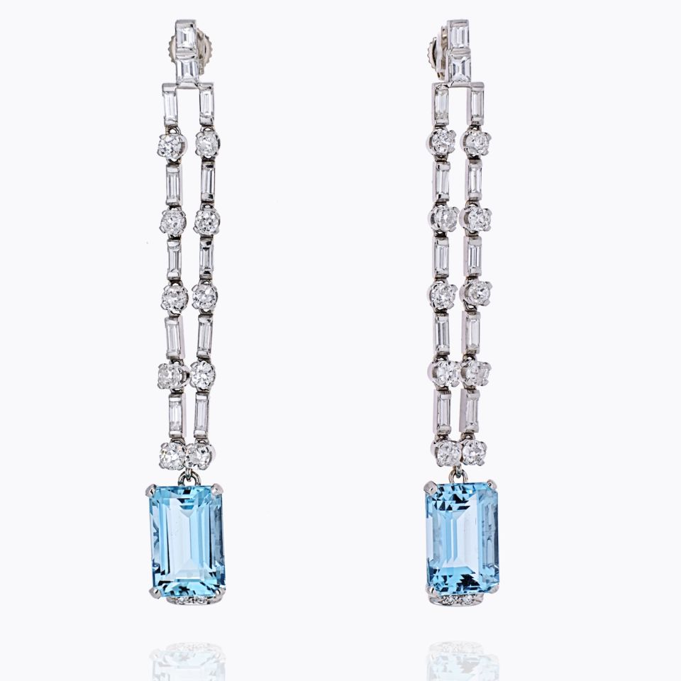 Platinum Diamond And Aquamarine Cascade Dangling Earrings - The Back Vault