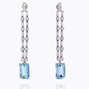 Platinum Diamond And Aquamarine Cascade Dangling Earrings