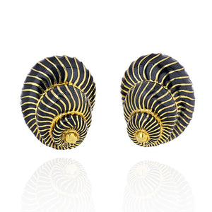 David Webb Platinum & 18K Yellow Gold Black Enamel Seashell Earrings