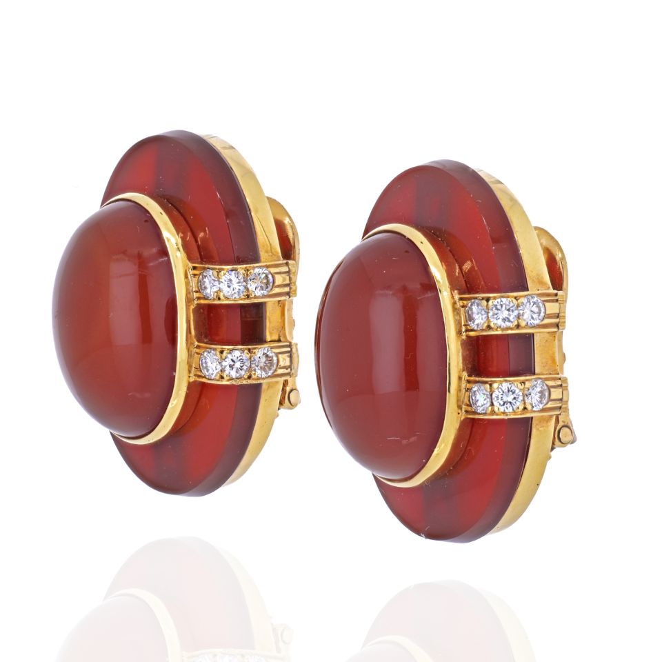 David Webb 18K Yellow Gold Carnelian And Diamond Bombe Earrings - The Back Vault