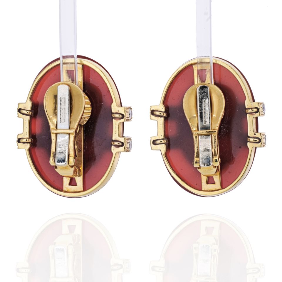 David Webb 18K Yellow Gold  Carnelian And Diamond Clip Earrings - The Back Vault