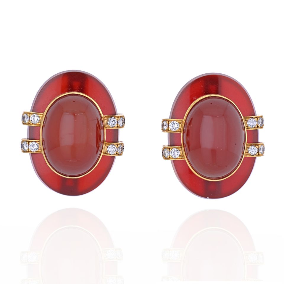 David Webb 18K Yellow Gold  Carnelian And Diamond Clip Earrings - The Back Vault