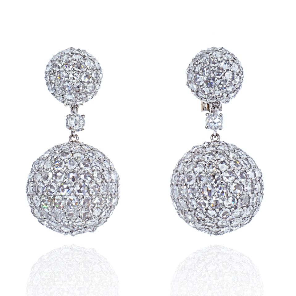 18K White Gold Rose Cut Diamond Disco Ball Dangling Earrings - The Back Vault