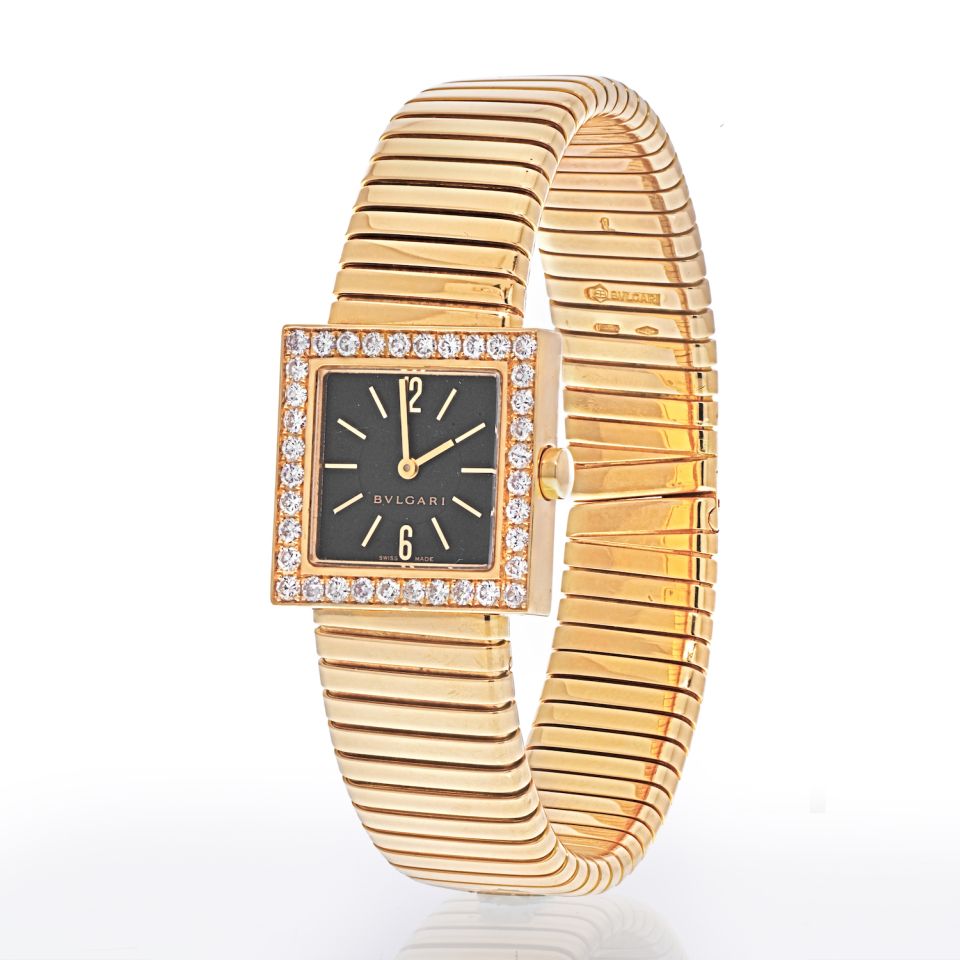 Bvlgari 18K Yellow Gold SQ 22 2T Quadrato Tubogas Diamond Bezel Women Watch The Back Vault