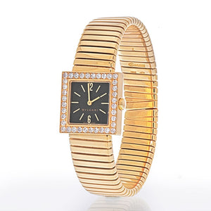 Bvlgari 18K Yellow Gold SQ 22 2T Quadrato Tubogas Diamond Bezel Women Watch