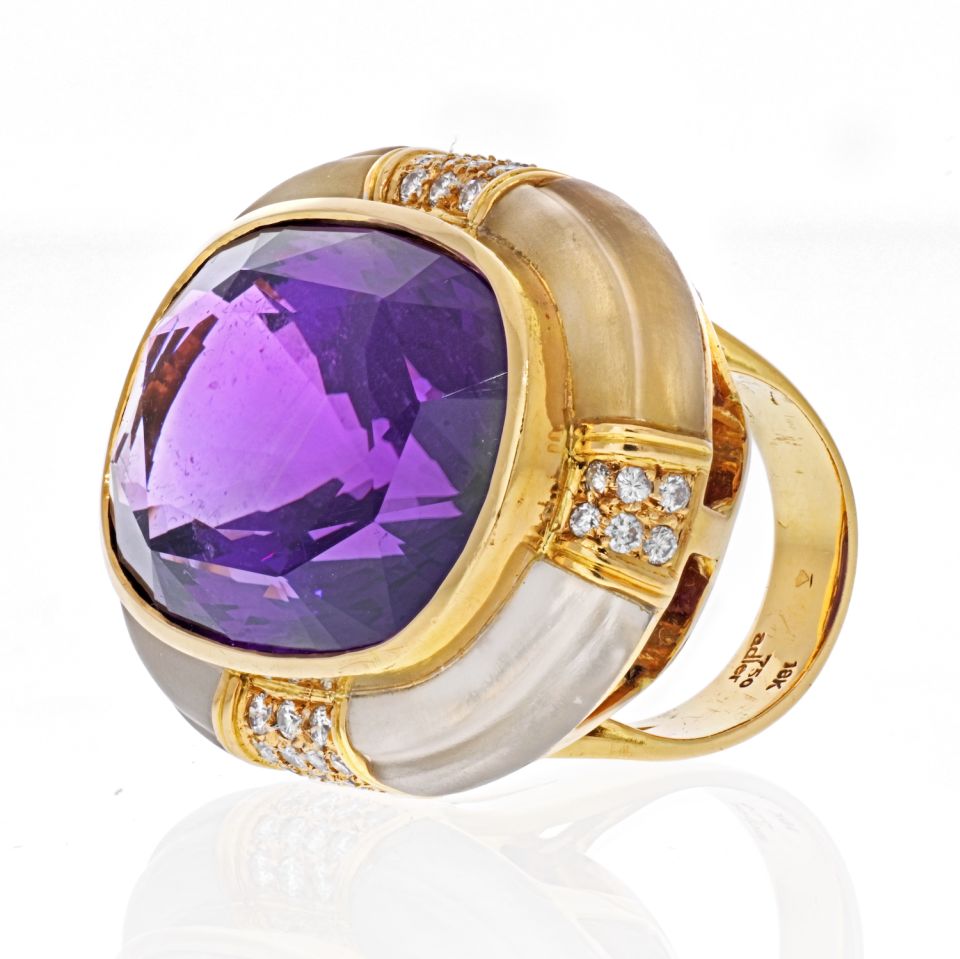 18K Yellow Gold Large Oval Amethyst And Rock Crystal Estate Diamond Ring - The Back Vault