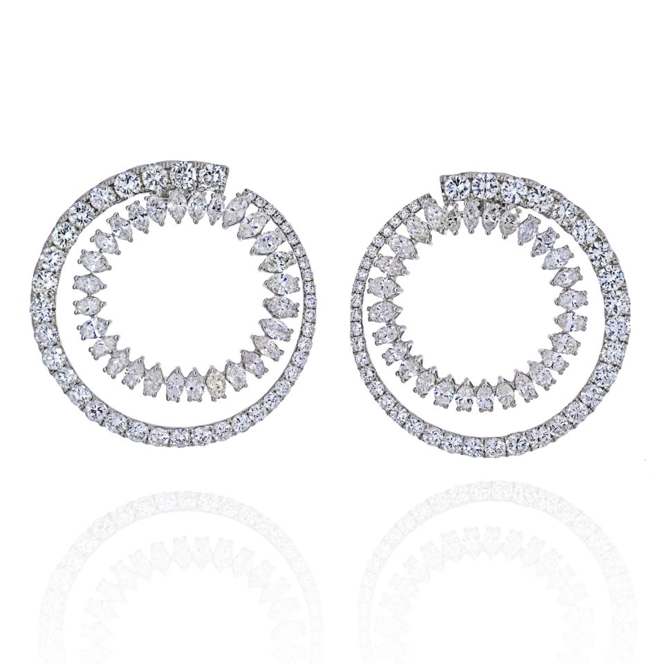 18K White Gold Open Circle Marquise Round Cut Diamond Hoop Earrings - The Back Vault