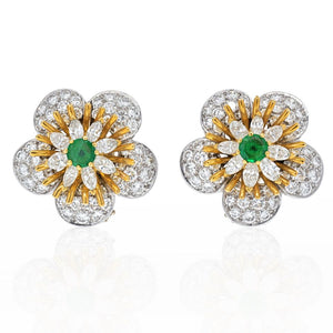 18K Yellow Gold 8 Carat Round Diamond And Green Emerald Flower Earrings