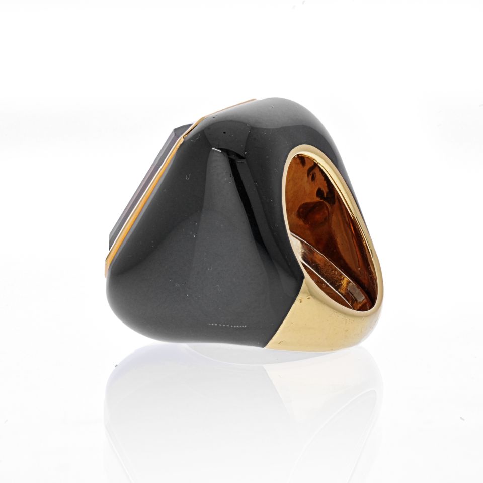 David Webb 18K Yellow Gold Smoky Quartz and Black Enamel Ring - The Back Vault