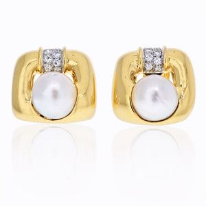 David Webb Platinum & 18K Yellow Gold Soft Cushion Shaped Pearl And Diamond Earrings