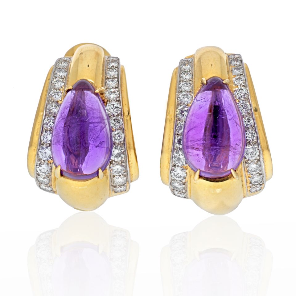 David Webb Platinum & 18K Yellow Gold Amethyst Teardrop Clip Earrings - The Back Vault