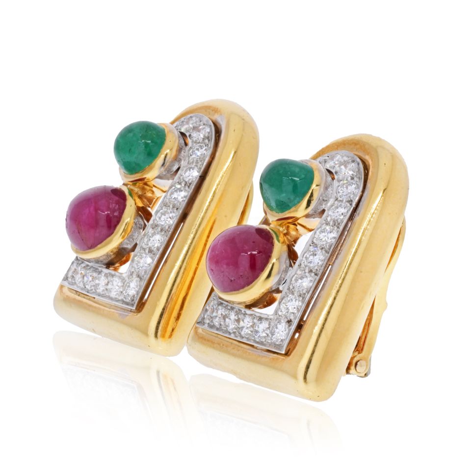 David Webb Platinum & 18K Yellow Gold Emerald, Ruby And Diamond Clip Earrings - The Back Vault