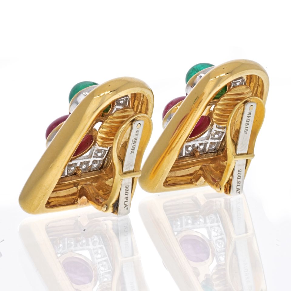 David Webb Platinum & 18K Yellow Gold Emerald, Ruby And Diamond Clip Earrings - The Back Vault