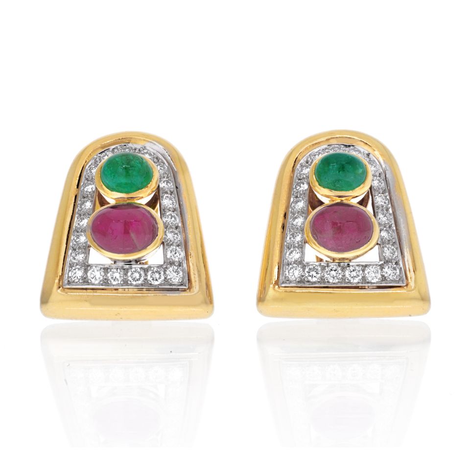 David Webb Platinum & 18K Yellow Gold Emerald, Ruby And Diamond Clip Earrings - The Back Vault