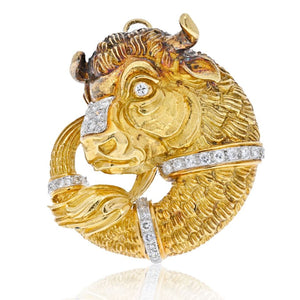 David Webb Platinum & 18K Yellow Gold Taurus Bull Diamond Brooch And Pendant