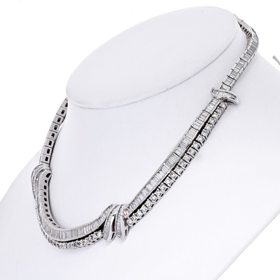23 Carat Bagutte And Round Diamond Platinum Collar Bridal Necklace
